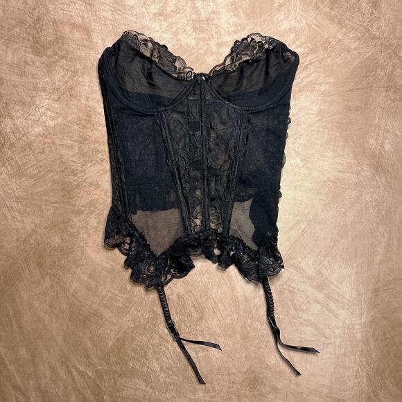 Floral Lace Polka Dot Mesh Corset Bustier Lingerie Top Ruffled Hem Garter Straps - Picture 1 of 5